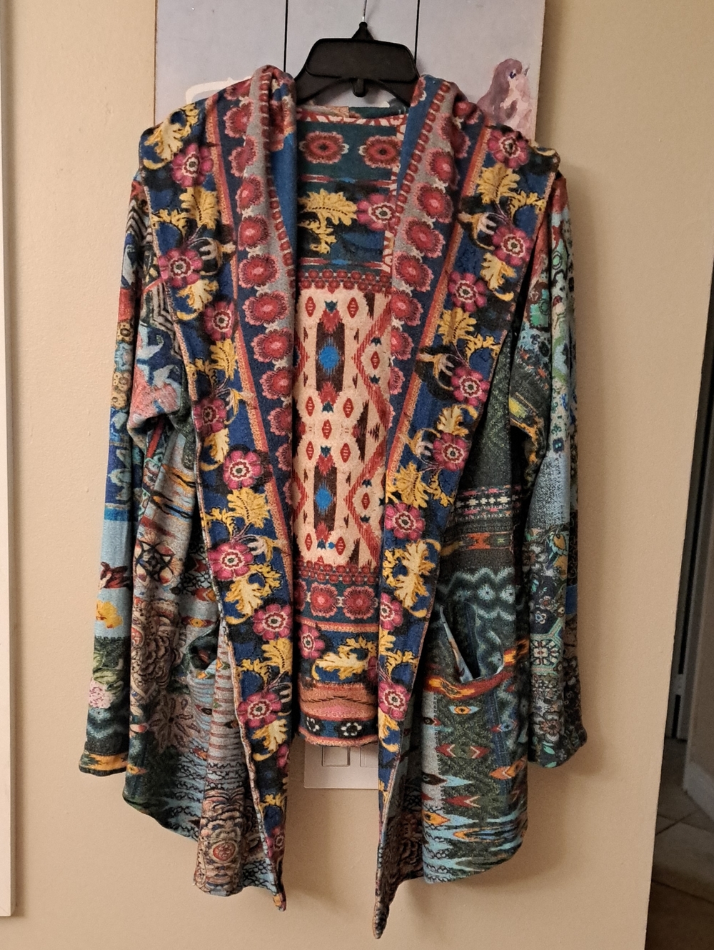 Johnny Was Aztec Boho Open Front Hooded Soft Knit Reversable Cardigan Duster XL - Picture 7 of 11